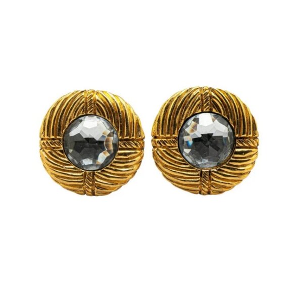 CHANEL Rhinestone Crystal Round Clip-On Earrings Gold Tone Auth #1188 - Picture 2 of 4